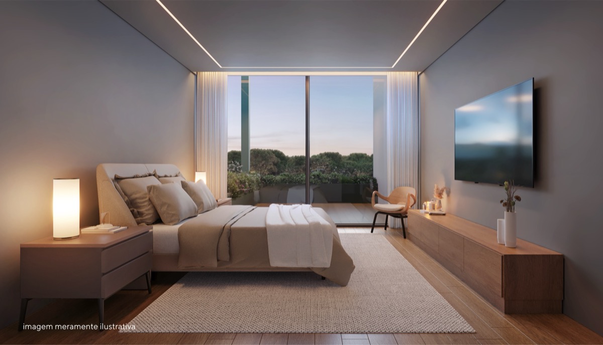 Suíte master — iluminação indireta com vista